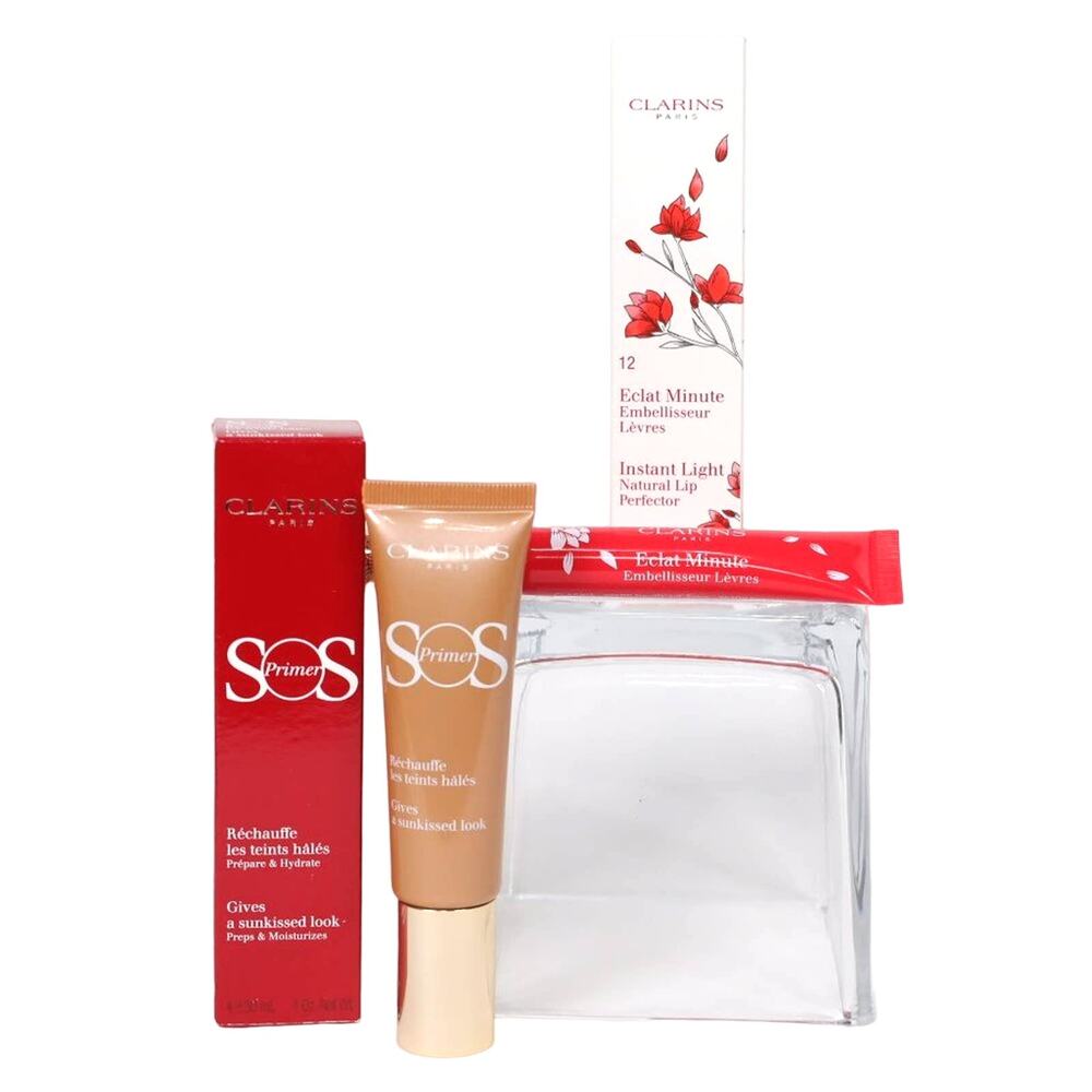 Clarins Glow Bundle SOS Bronze Primer + Red Shimmer Lip Perfector High Gloss NIB